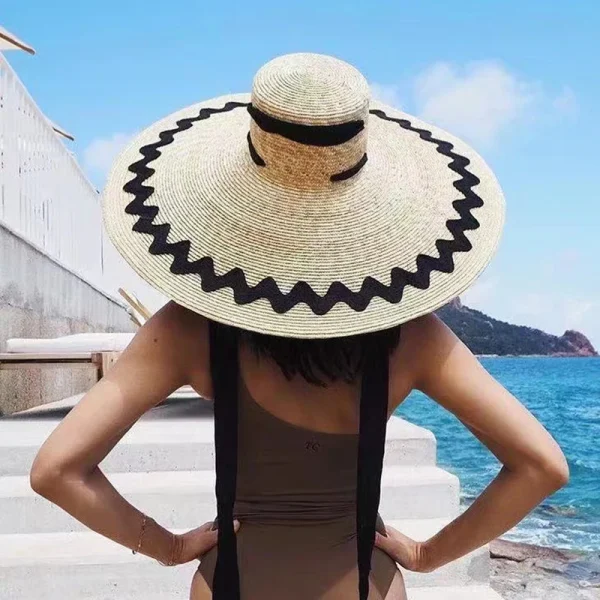 New Patch Large Brim Straw Hat Ladies Flat Top Oversized Beach Hat Sun Hat Fashion Fadora Hat For Woman Catwalk Straw Hat Cape - Image 2