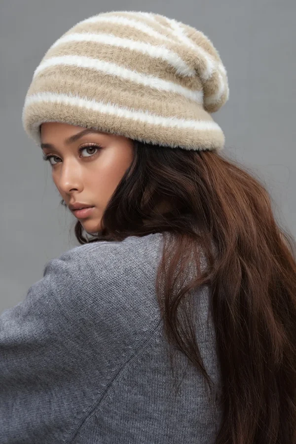 Fuzzy Contrast Striped Thermal Hat - Image 2