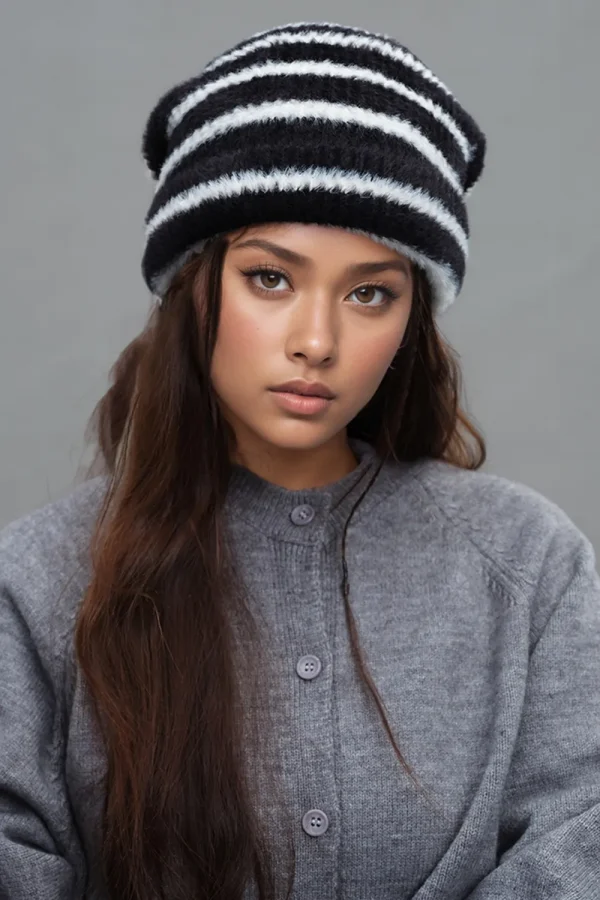 Fuzzy Contrast Striped Thermal Hat - Image 4