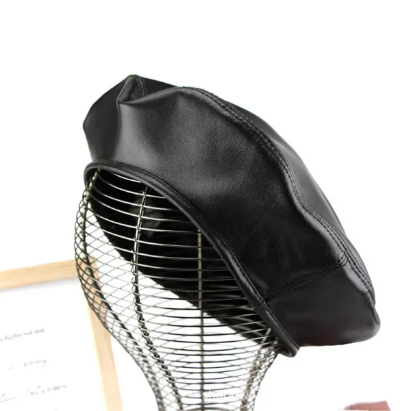 Women Hat Black Vintage Sheepskin Winter Beret Women Match All Fashion Autumn And Winter Leather Berets Hats - Image 4