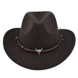 New European and American Cowhead Western Denim Hat Woolen British Jazz Hat Mens and Womens Famous Ethnic Style Big Eaves Hat
