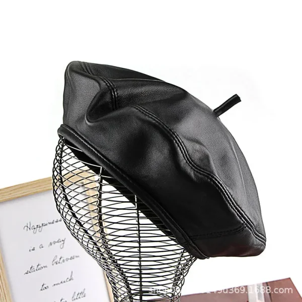 Women Hat Black Vintage Sheepskin Winter Beret Women Match All Fashion Autumn And Winter Leather Berets Hats - Image 6